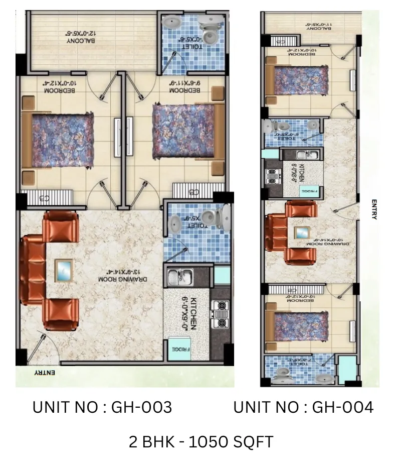 GreenArc Homes 2BHK Low Rise Flat 1050 Sq Ft Floor Plan